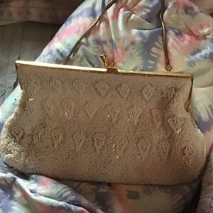 Elegant Cream Beaded Clutch with Gold Frame